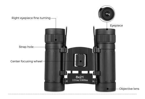Outdoor 8X21 100m/1000m Folding Roof Prism Binocular for Hunting Hiking