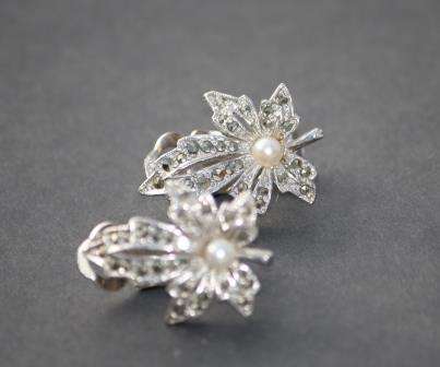 Vintage Silver Marcasite & Pearl Leave Clip-on Earrings