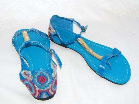 Turquoise Embroidered T-Strap Sandal - Size: 5