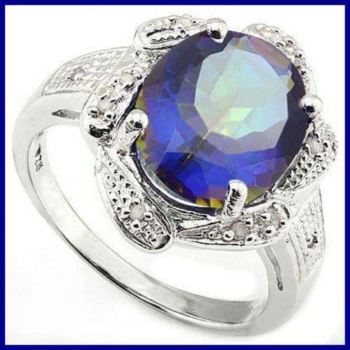 STUNNING SOLID .925CT STERLING SILVER/W.PLATINUM, RING WITH NEPTUNE BLUE MYSTIC TOPAZ AND DIAMONDS