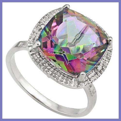 BEAUTIFUL SOLID .925 S. SILVER RING  W/PLATINUM / 6.60CT MYSTIC QUARTZ WITH DIAMONDS