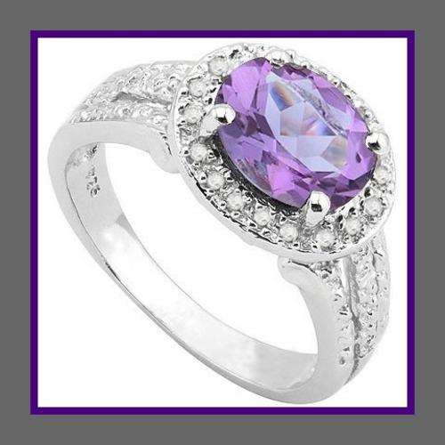 LOVELY AMETHYST AND DIAMOND RING SIZE 7 / 0.925 STERLING SILVER /WPLATINUM