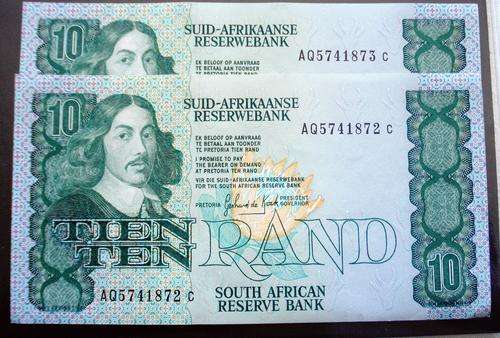 SOUTH AFRICAN R10 BANKNOTES EXCELLENT UNC CONDITION  1985 aq 5741872-73  (SET OF2 ) NOTES