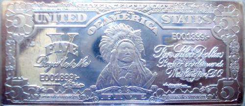 USA  5 DOLLAR BULLION  COPPER - SILVER PLATING BAR 33GR.