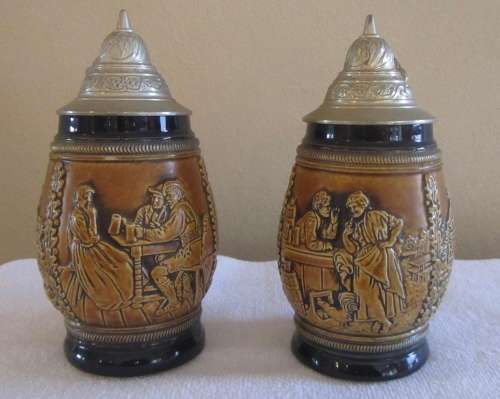 Set of 2 Porcelain German Beer Steins with Lid