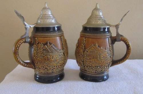 Set of 2 Porcelain German Beer Steins with Lid