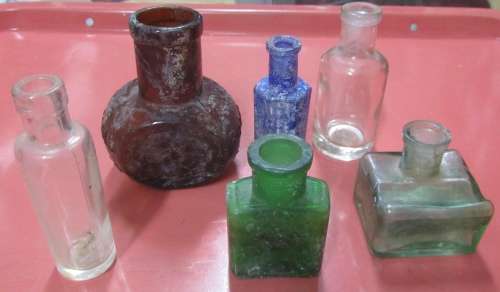 6 Small Vintage Glass Bottles - Bovril, Crown Perfumery, Heynes Mathew Ltd etc
