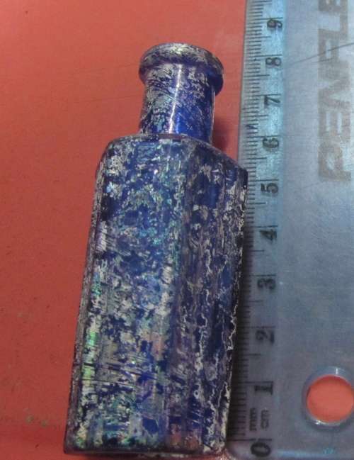 6 Small Vintage Glass Bottles - Bovril, Crown Perfumery, Heynes Mathew Ltd etc