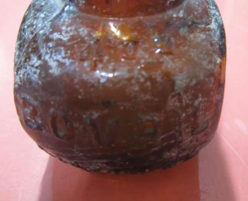 6 Small Vintage Glass Bottles - Bovril, Crown Perfumery, Heynes Mathew Ltd etc