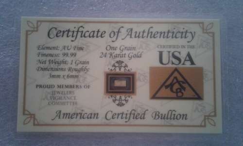 SOLID GOLD BAR - ONE GRAIN BAR 99.99 FINE.