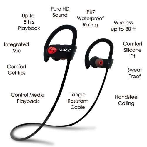 SENSO Bluetooth Headphones, Best Wireless Sports Earphones w/ Mic IPX7 Waterproof HD Stereo