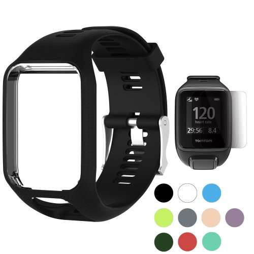 Watch Strap TomTom Runner 2 3/Spark/Spark 3/Golfer 2/Adventurer + Screen Protectors (BLACK)