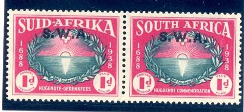 SWA 1d pair 1938 *** SG 112 *** CV = R506 *** UMM *** SWA overstamp *** Huguenot Commemoration