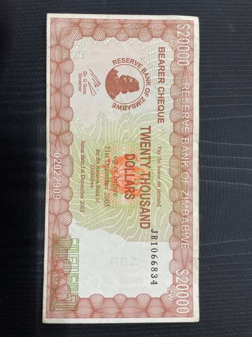 Zimbabwe , $20 000 bearer * good condition issued 1 December 2003 to use before 31/12/2005