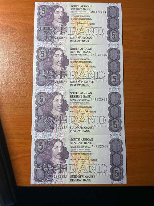 G P C de Kock R5 third issue 1989 all 4 notes one price in sequence