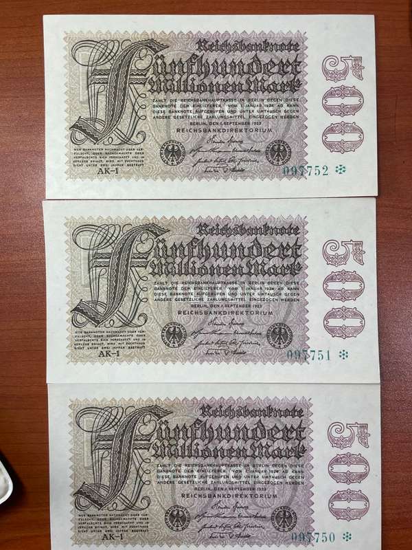 Germany post world  war 2 - 1923 3 consecutive notes 500 million  mark