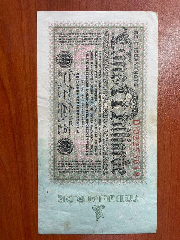 German hyperinflation. Post ww2 one million mark