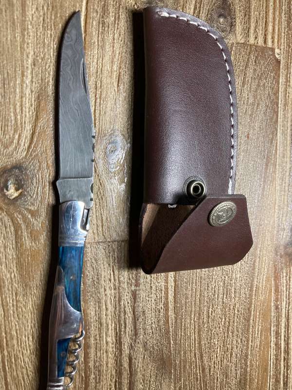New Damascus hunting folding knife with leather sheath