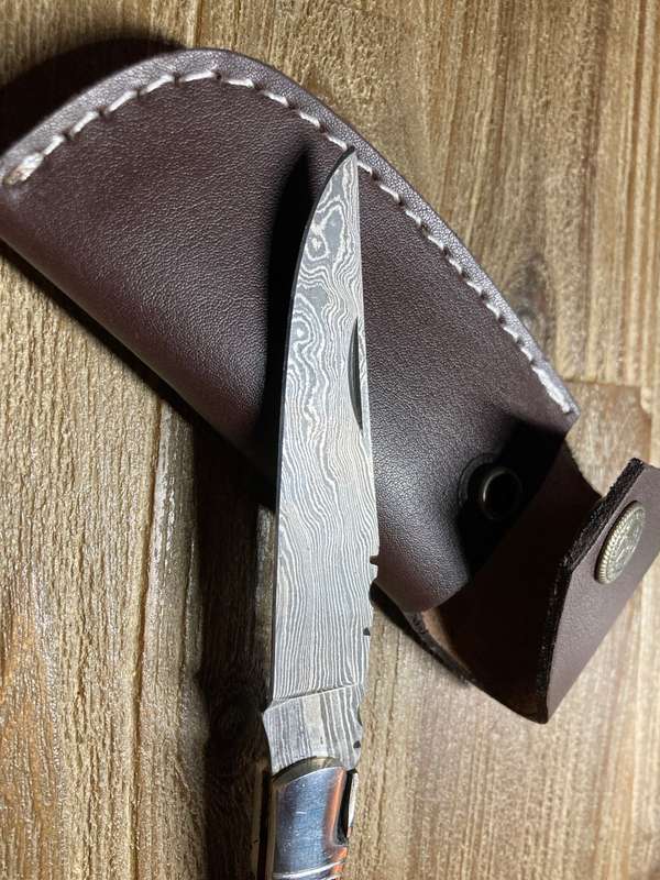 New Damascus hunting folding knife with leather sheath