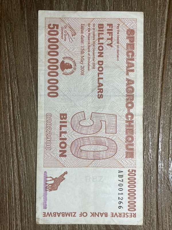 Zimbabwe***50 million*** 2008 Bearer Cheque - Very collectable and crisp but marked on top
