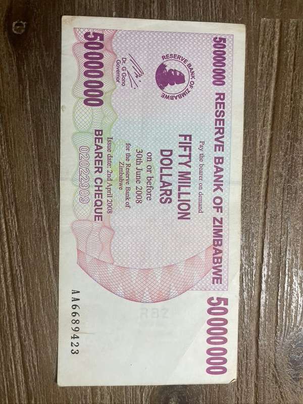 Zimbabwe  ***  50 million  ***  2008 Bearer Cheque  ***  Very collectable and crisp