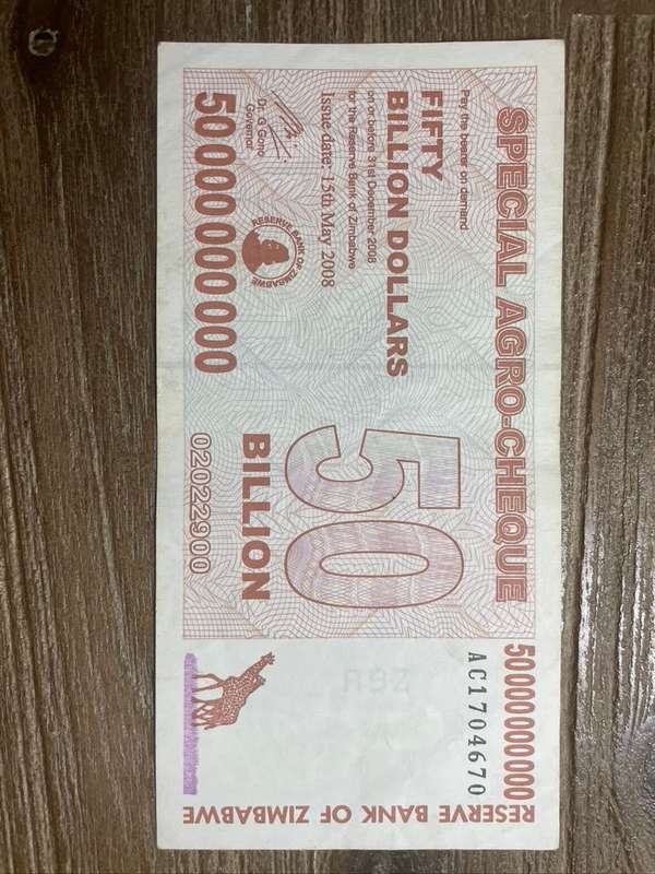 Zimbabwe  ***  50 Billion  ***  2008 special Agro Cheque  ***  Very collectable