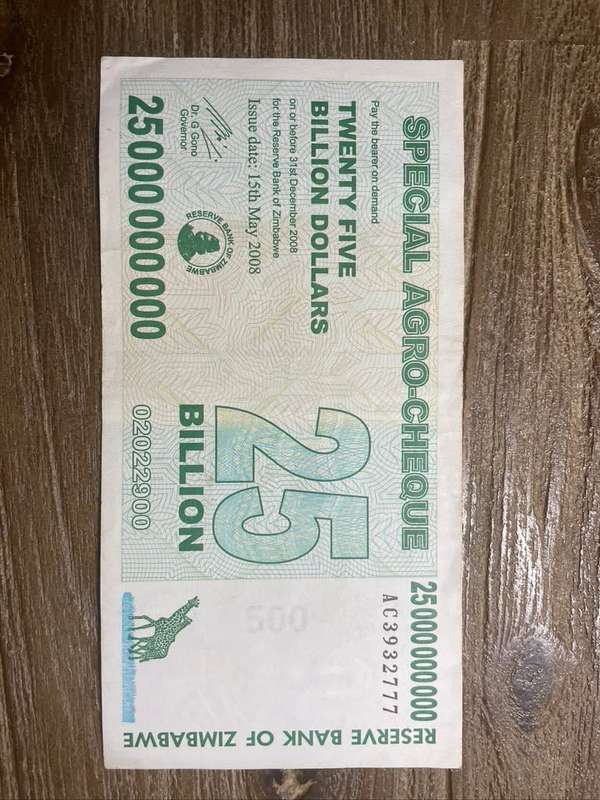 Zimbabwe  ***  25 Billion  ***  2008 special Agro Cheque  ***  Very collectable