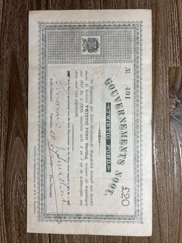ZAR Government war note   *  20 pond issue 1900  *  Pretoria  *  no tears noted