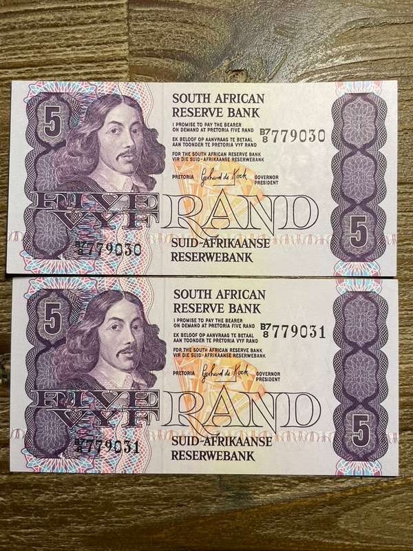 GH de Kock  *  R5  *  1984 3rd issue  *  2 beautiful notes in sequence