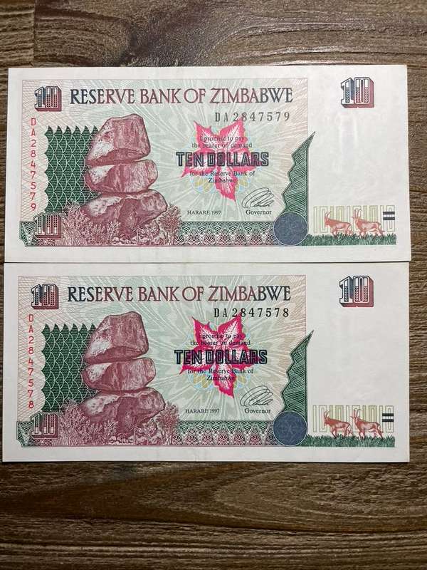 Zimbabwe   *  $10  *  issued 1997  *  consecutive issue