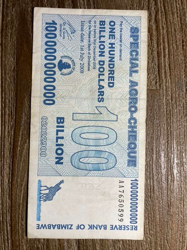 Zimbabwe  *  100 billion  *  2008 bearer cheque  *  please refer to picture for grade