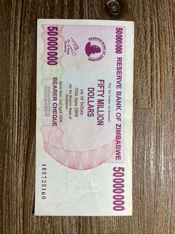 Zimbabwe  *  50 million  *  2008 bearer cheque  *  please refer to picture for grade