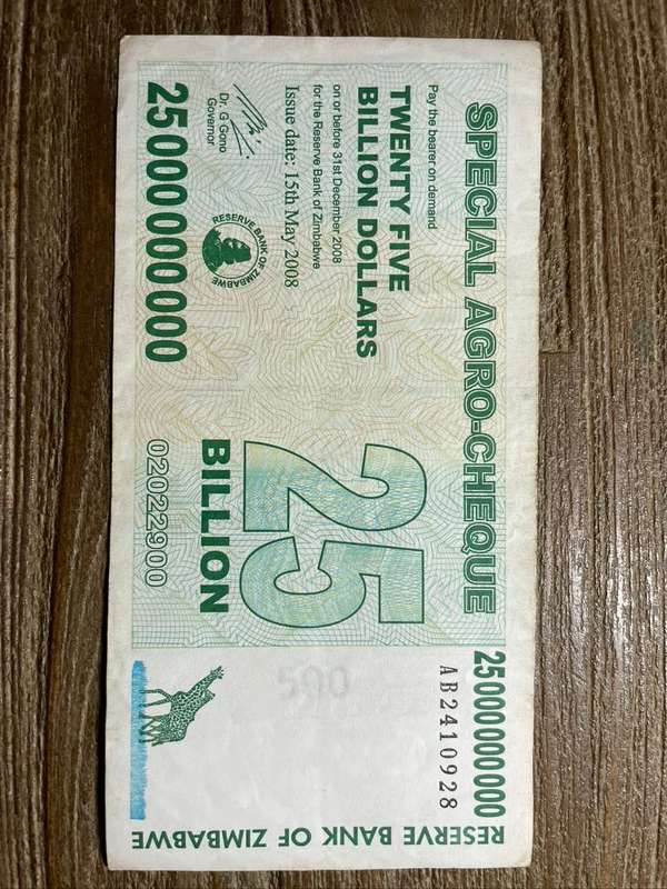 Zimbabwe  *  25 billion    *  2008 bearer cheque  *  please refer to picture for grade