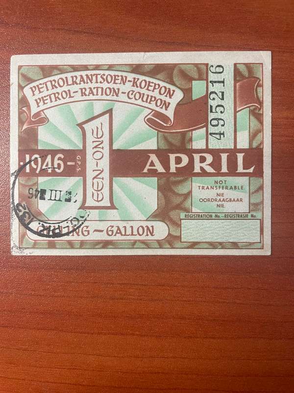 Petrol Ration Coupon *** issued in 1946 and redeemed *** saw 3 sold last month