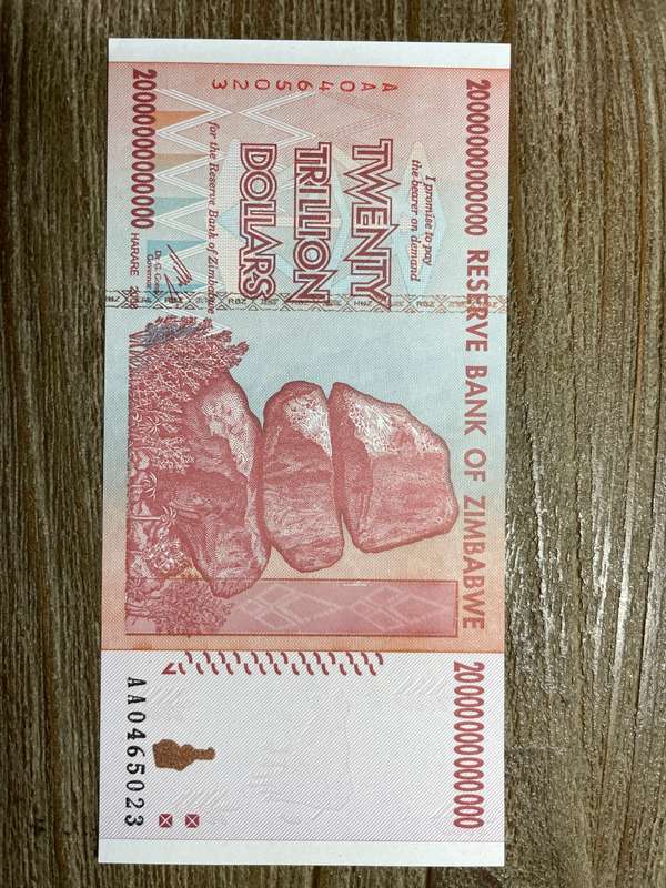 Zimbabwe *** 2008 **** 20 trillion dollars *** elusive notes, going up in price