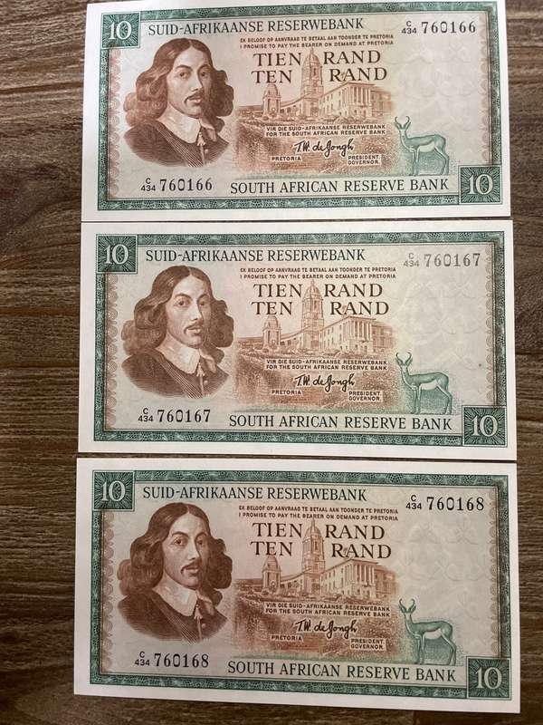 De Jongh *** R10 *** 1975 third issue *** 3 amazing consecutive notes