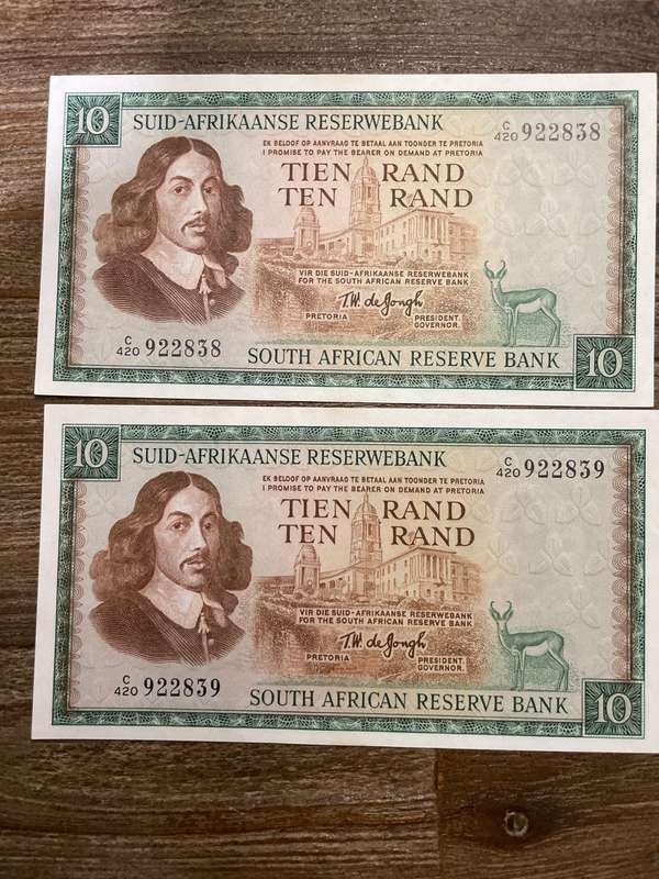 De Jongh *** R10 *** 1975 third issue *** 2 great consecutive notes, scarce