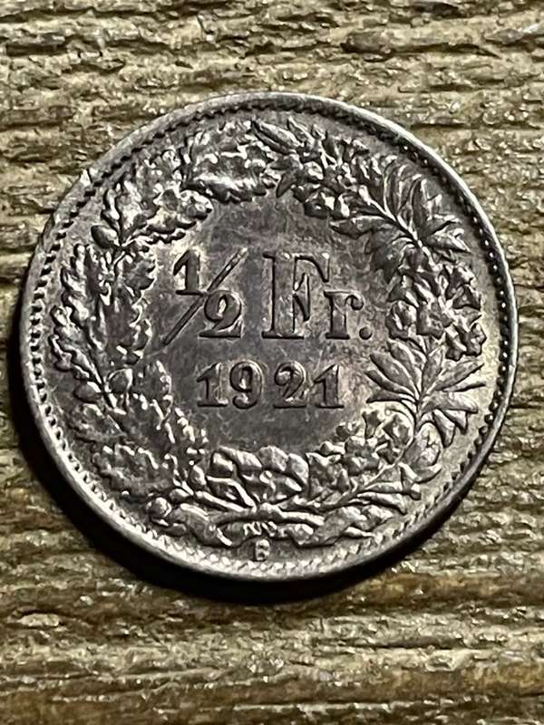 1921 *** 1/2 swiss  franc *** rich toning *** silver .835 coin