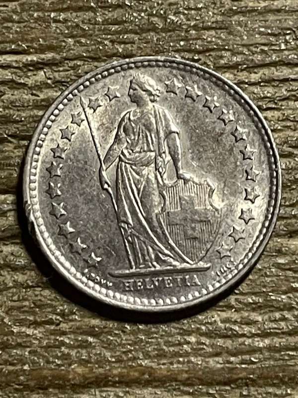 1921 *** 1/2 swiss  franc *** rich toning *** silver .835 coin