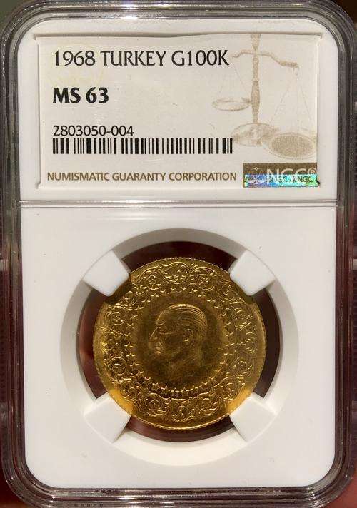 Turkey: 1968 Gold G100K Piastres MS63 NGC
