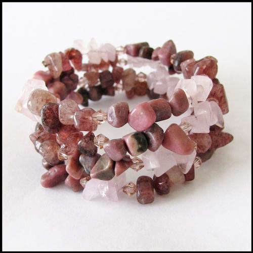 'Love' Memory Wire Bracelet (with rose quartz, red aventurine & rhodonite)