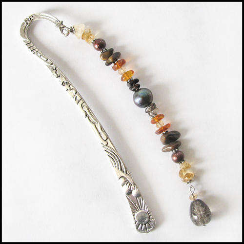Earth Bookmark (with amber, citrine, tiger's eye, smoky quartz & pearl)