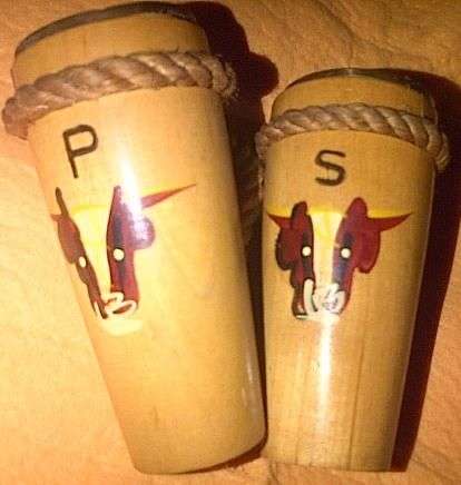 Vintage Bull Napco Salt and Pepper shakers with brass lids - never used