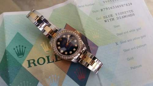Rolex Lady Datejust Gold Steel Blue Vignette Diamond Dial & Diamond Bezel 79163 18k/SS Oyster Strap