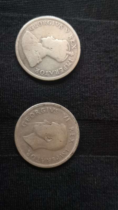 2 Silver SA Shilling coins (1932, 1943)