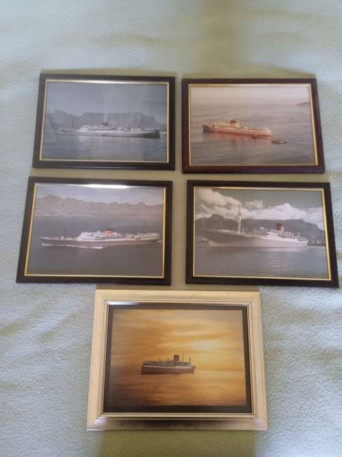 Old Union Castle mail ships, a set of 5 old framed picture prints of Union Castle ships