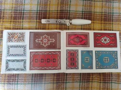 Danella carpet needle and wooden stand and frame with instruction book. Used to make rugs