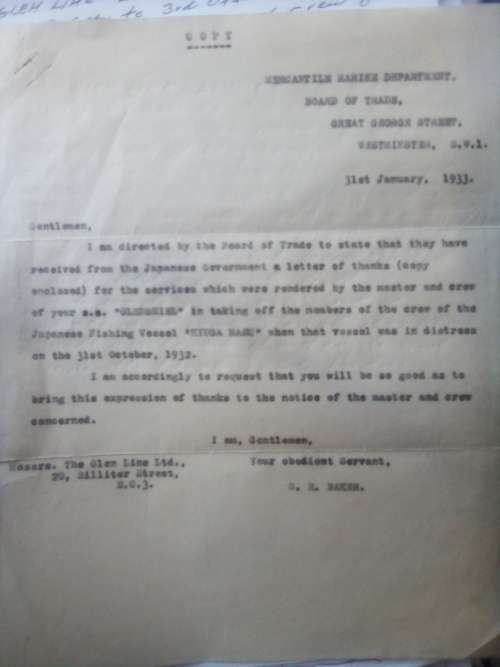 Glen Line Limited 1933 original Complimentary letter of sea rescue