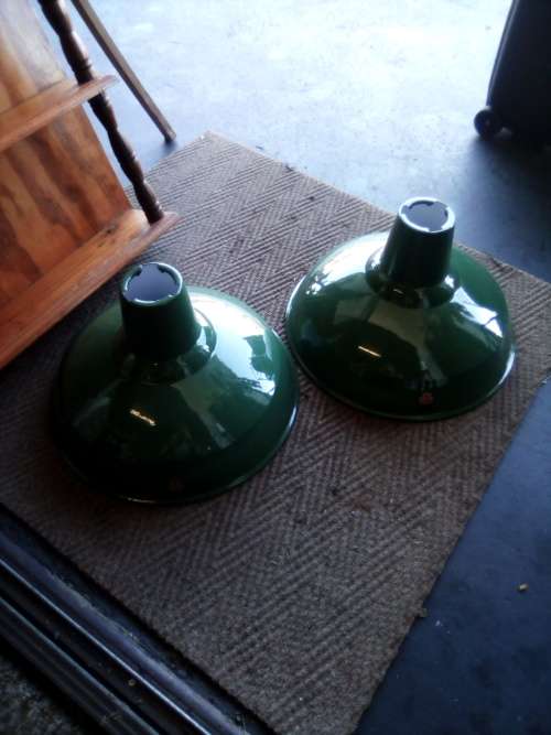 Two green metal enamel coated lamp shades - Ideal for Snooker Table