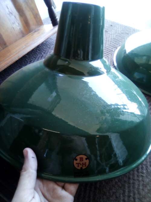 Two green metal enamel coated lamp shades - Ideal for Snooker Table